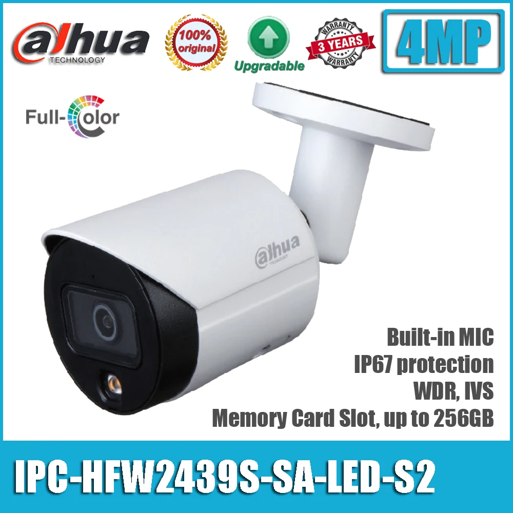 Pôvodné Dahua IPC-HFW2439S-SA-LED-S2 4MP H. 265 IP67 PoE Plné Farby IVS Vstavaný Mikrofón Bullet Sieťová IP Kamera HFW2439S-SA-LED