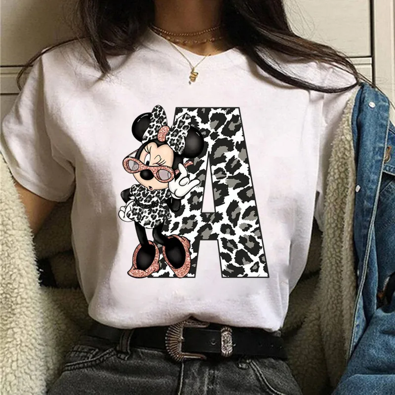 Žena Oblečenie Disney Tričko Leopard Minnie Mouse Vlastné Meno List Kombinácie Písma A B C-X Y Z Top Ženské Módne T-shirts