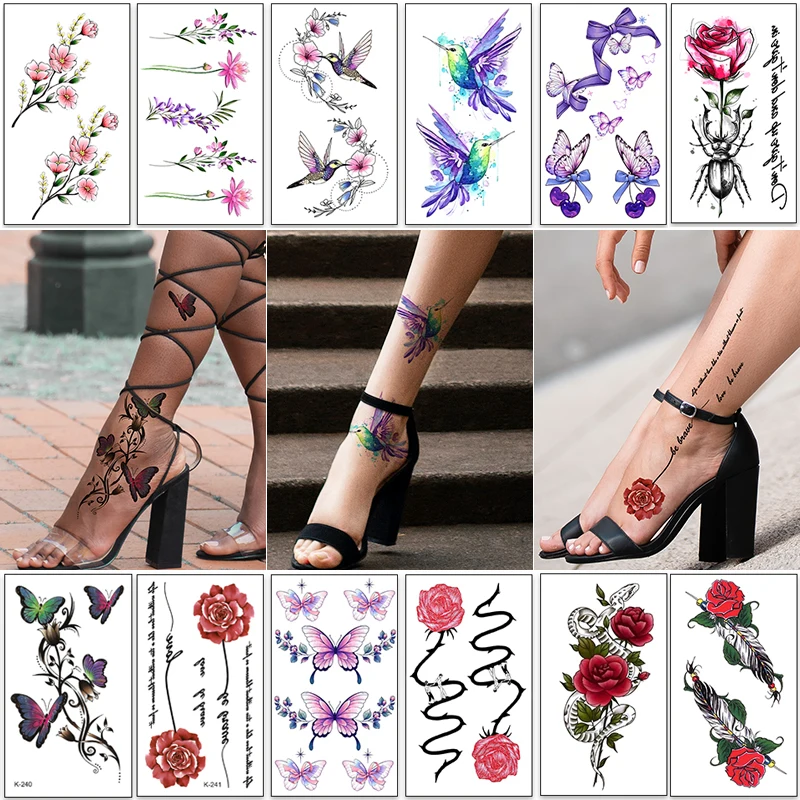 12Pcs/veľa Malých Kvet Dočasné Tetovanie Nálepky Falošné Rose Pierko Tetovanie Odtlačkový Nepremokavé Body Art Nohy Rameno Tatoos Pre Ženy