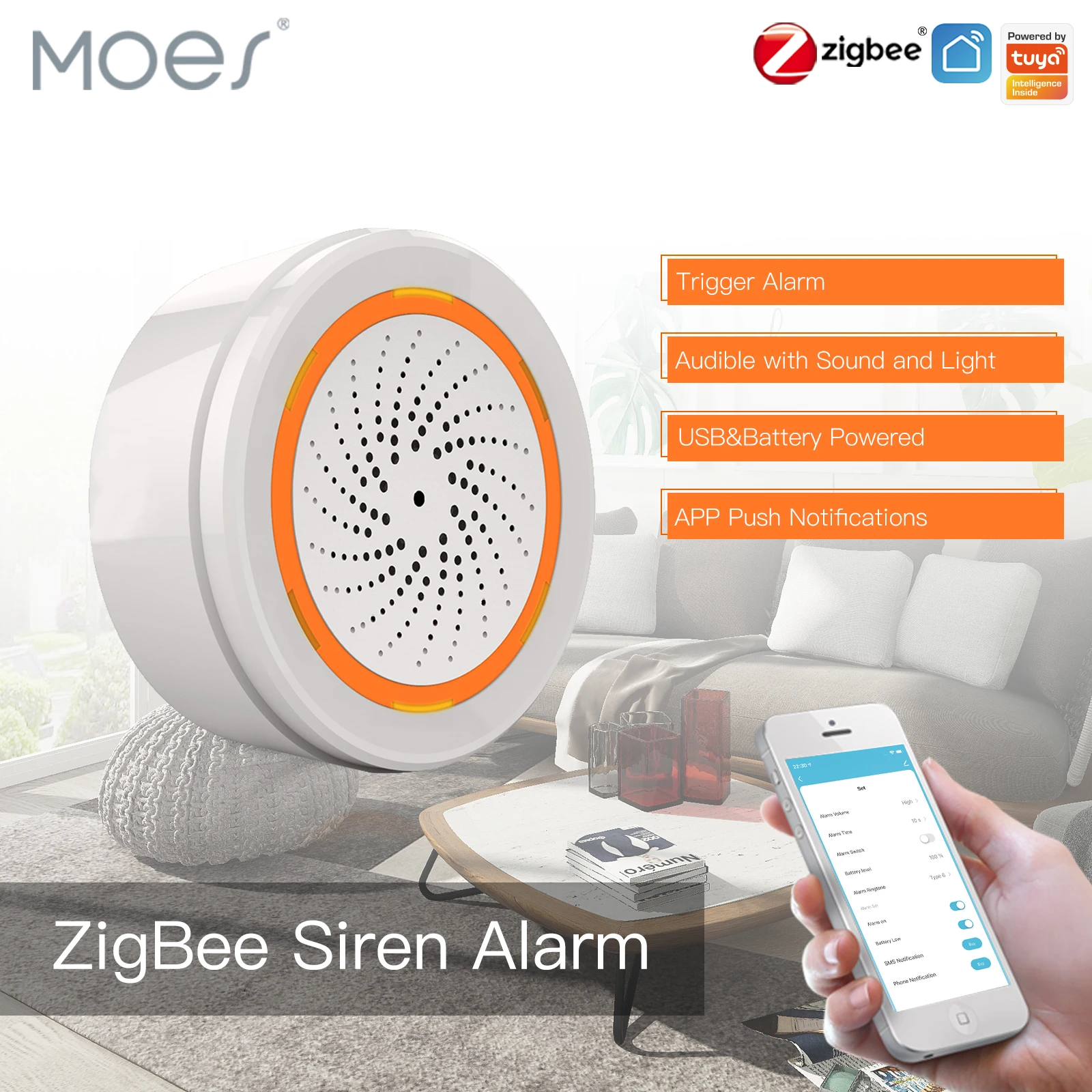 MOES Tuya ZigBee Smart Zvuk a Svetlo Siréna Senzor 90dB Inteligentný Život Siréna domáci Bezpečnostný Systém Tuya Bránou Hub, Používa So Alexa