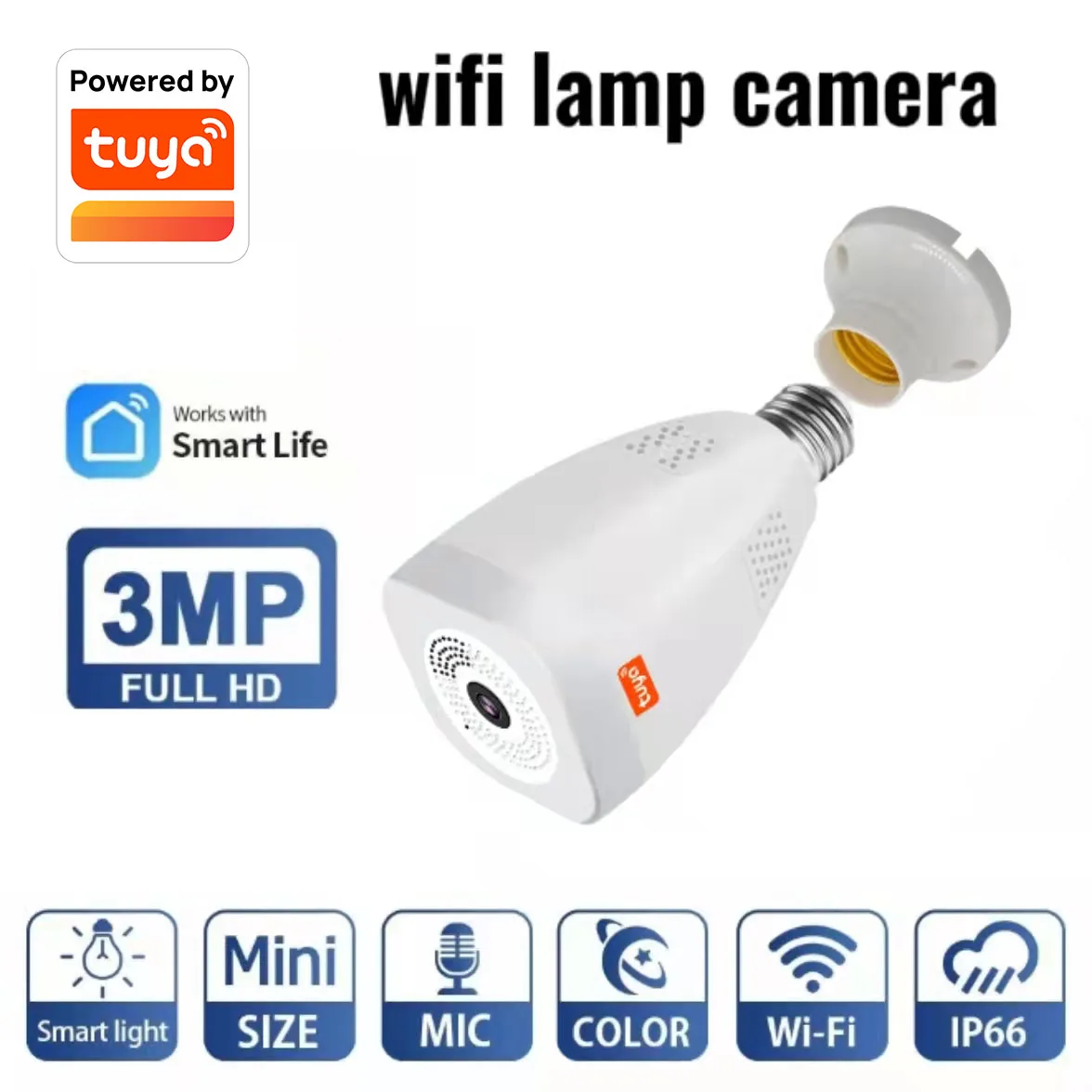 Tuya 3MP, WiFi, Blub, kamera 360 stupeň 3W LED svetlo panoramatické home security WiFi CCTV fisheye žiarovka IP kamera dva spôsoby, ako audio cam