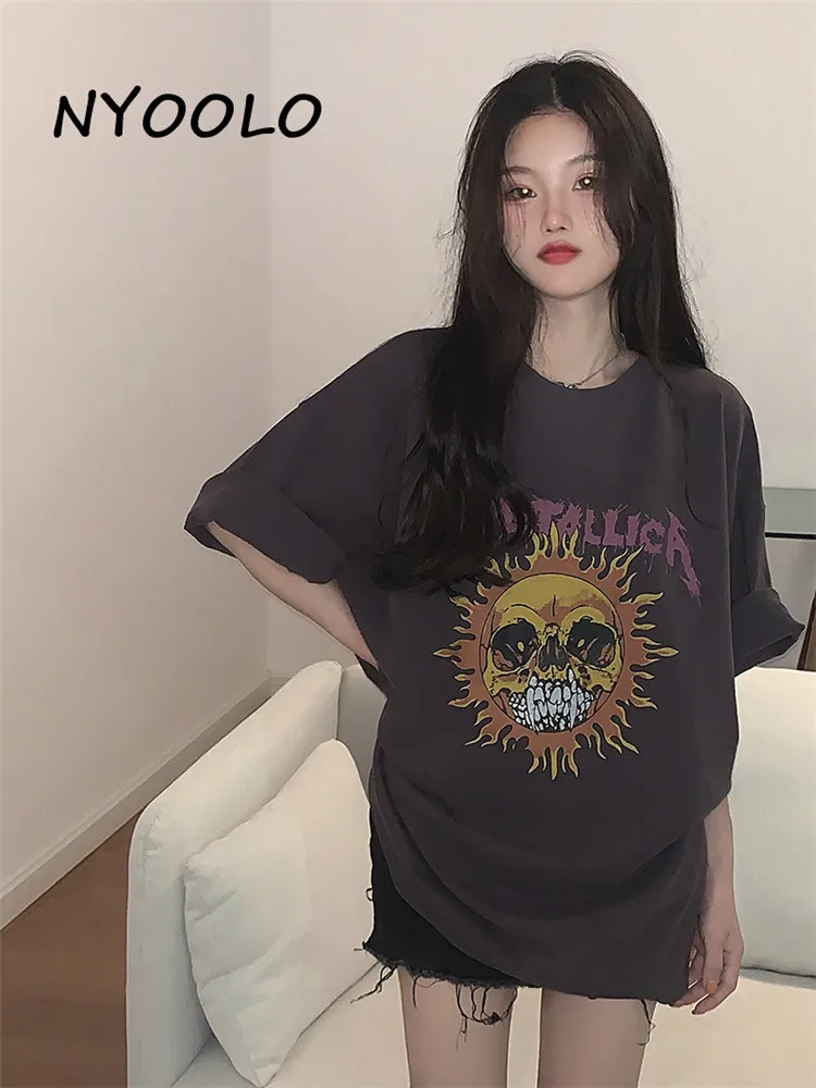 NYOOLO Harajuku Streetwear Plameň Lebky Listov Tlač Krátky Rukáv O-Neck T-Shirt Ženy Oblečenie 2022 Lete Hip Hop, Punk Top Čaj