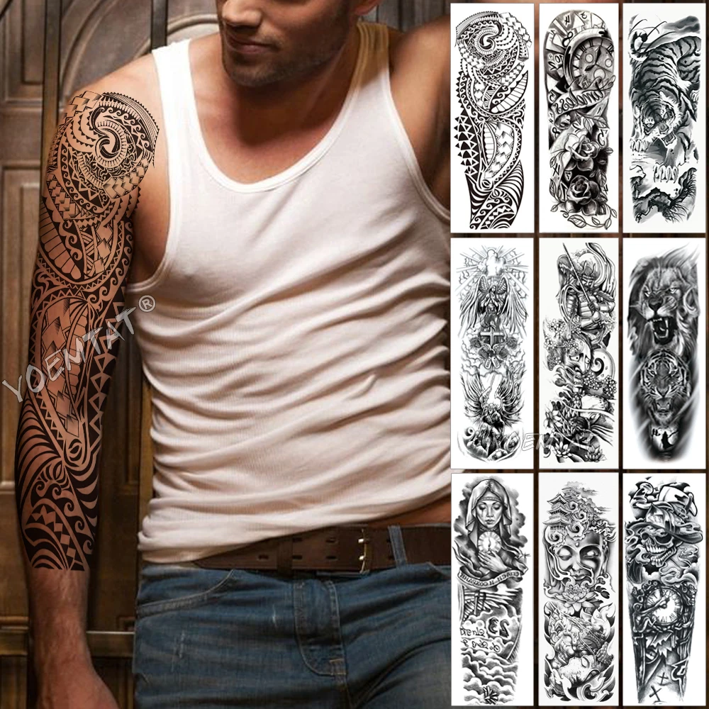 Veľké Arm Tattoo Rukáv Maori Moc Totem Nepremokavé Dočasné Tetovanie Nálepky Bojovník, Samuraj Anjel Lebky Mužov Plné Čierne Tetovanie