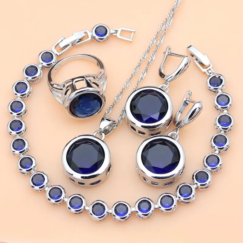 Nevesta Luxusné 925 Silver Šperky Sady Blue Sapphire pre Ženy Padať Kamene, Náušnice, Prstene Náramok, Náhrdelník Nastaviť Dropshipping