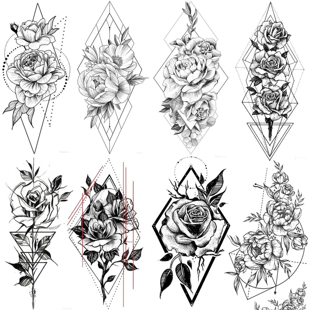 Sexy Geometrické Kvet Dočasné Tetovanie Nálepka Pre Ženy, Dospelých Diamond Rose Tatoos Body Art Rameno Späť Falošné Tetovanie Kvetinový Make-Up Obrázok 0 