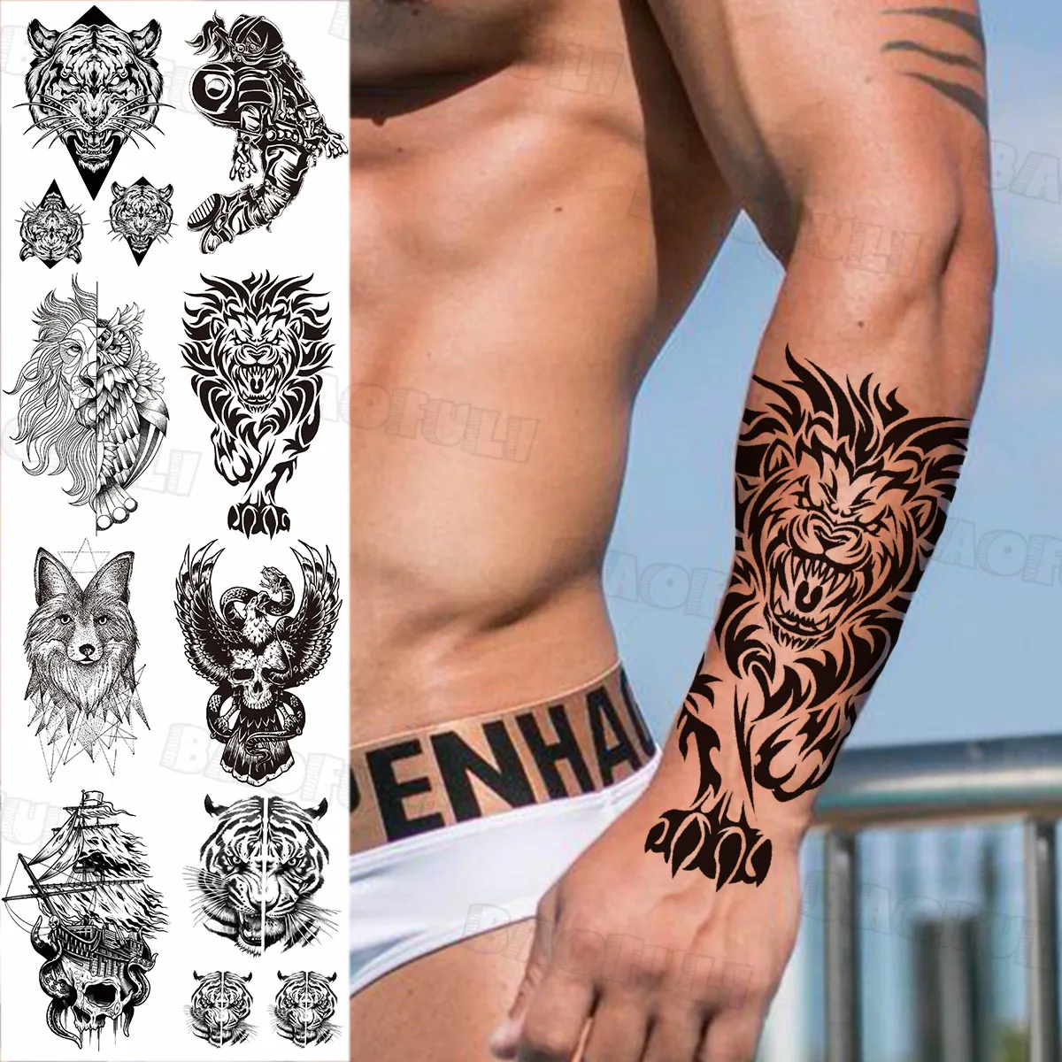Realistické Lev Dočasné Tetovanie Pre Mužov, Ženy, Dospelých Tiger Pirate Skull Zvierat Falošné Tetovanie Nálepky Arm Tattoo Toten Remienok Na Ruku