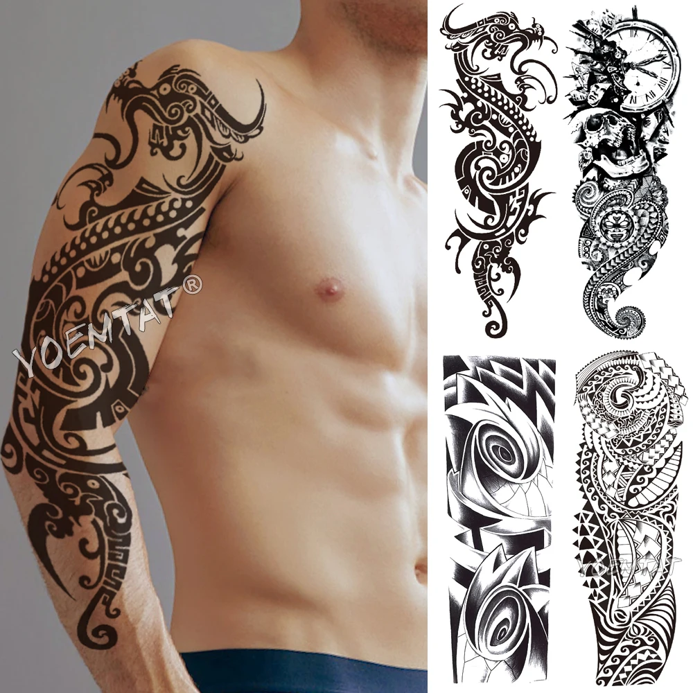 Veľké Arm Tattoo Rukáv Maori Dragon Plameň Nepremokavé Dočasné Tetovanie Nálepky Lebky Veličenstvo Muži Ženy Plné Totem Tatto Obrázok 0 