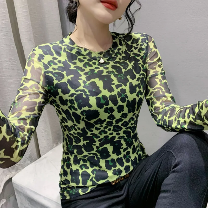 #7952 Oka Leopard T Shirt Ženy O-krku Tenké Vintage Čaj Ženský Dlhý Rukáv Elastické Tesné Tričko Retro Tenké Jar Jeseň roku 2022
