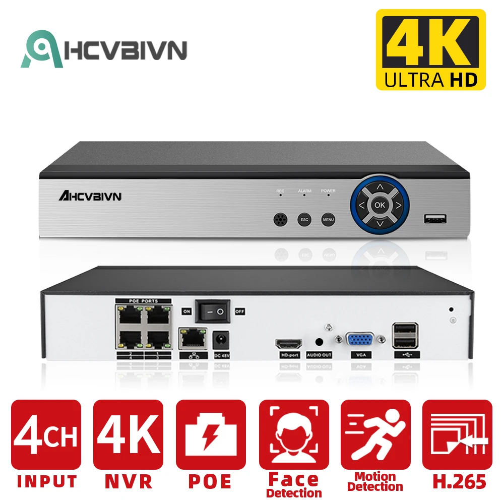 AHCVBIVN XMeye 4ch 4K POE NVR Rozpoznávanie Tváre H. 265+ Sieťový Video Rekordér Audio Záznam POE IP Kamera P2P Systém