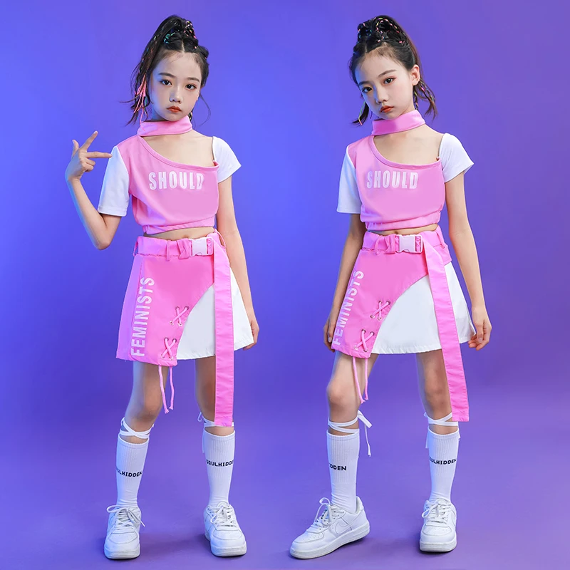 Deti Fáze Nosenie Hip Hop Oblečenie Ružová Tank Topy, Sukne, Mini Pre Dievčatá Koncert Jazz Dance nosiť Kostým Teenage Street Oblečenie
