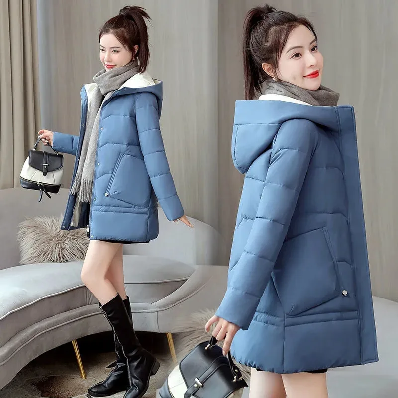 2021 Nové Ženy Kabát Zimný Kabát Hrubé Teplé Vetrovka Kórejský Bežné Dlhý S Kapucňou Bavlna Čalúnená Bundy Parkas Žena Voľné Outwear